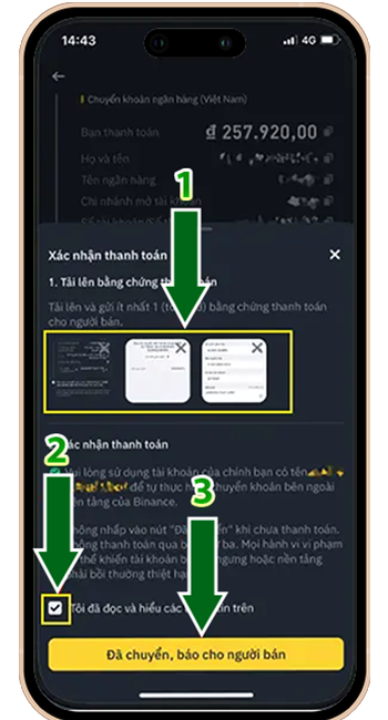 Bước 7: Tải hóa đơn chứng minh đã chuyển khoản thành công → Khi người bán xác nhận BINANCE sẽ gửi USDT và ví FUNDING