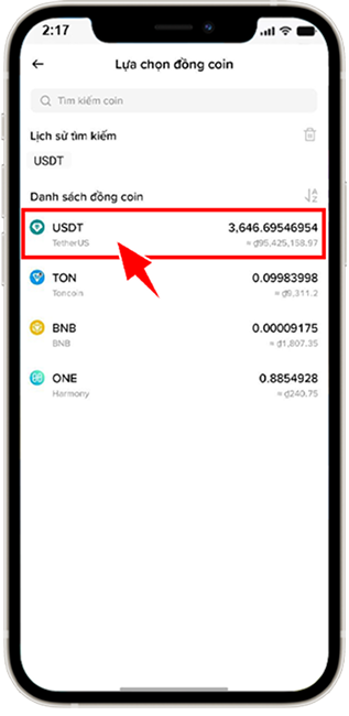 Bước 7: Lựa chọn đồng coin USDT.