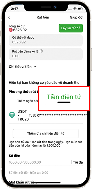 Bước 2: Chọn Phương thức Rút tiền "Tiền điện tử".