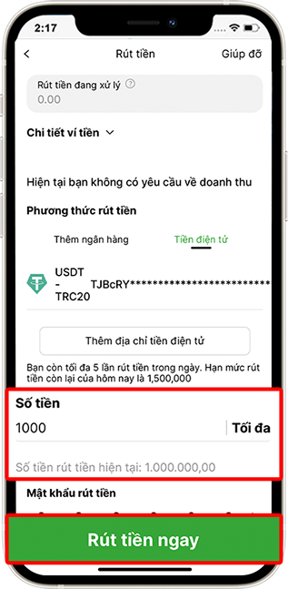 Bước 3: Nhập Số tiền cần rút & Mật khẩu rút tiền » Nhấn “Rút tiền ngay” và đợi hệ thống xét duyệt chuyển khoản.