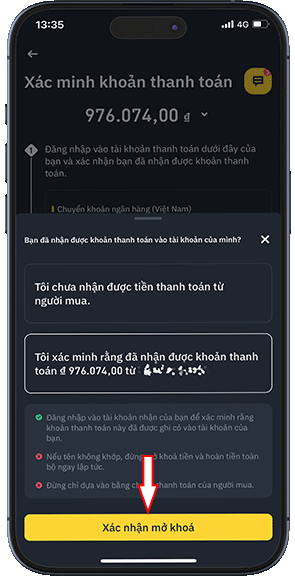 Bước 9: BƯỚC 9: NHẤN [XÁC NHẬN MỞ KHÓA] ĐỂ HẸ THỐNG TRẢ COIN USDT CHO NGƯỜI MUA.